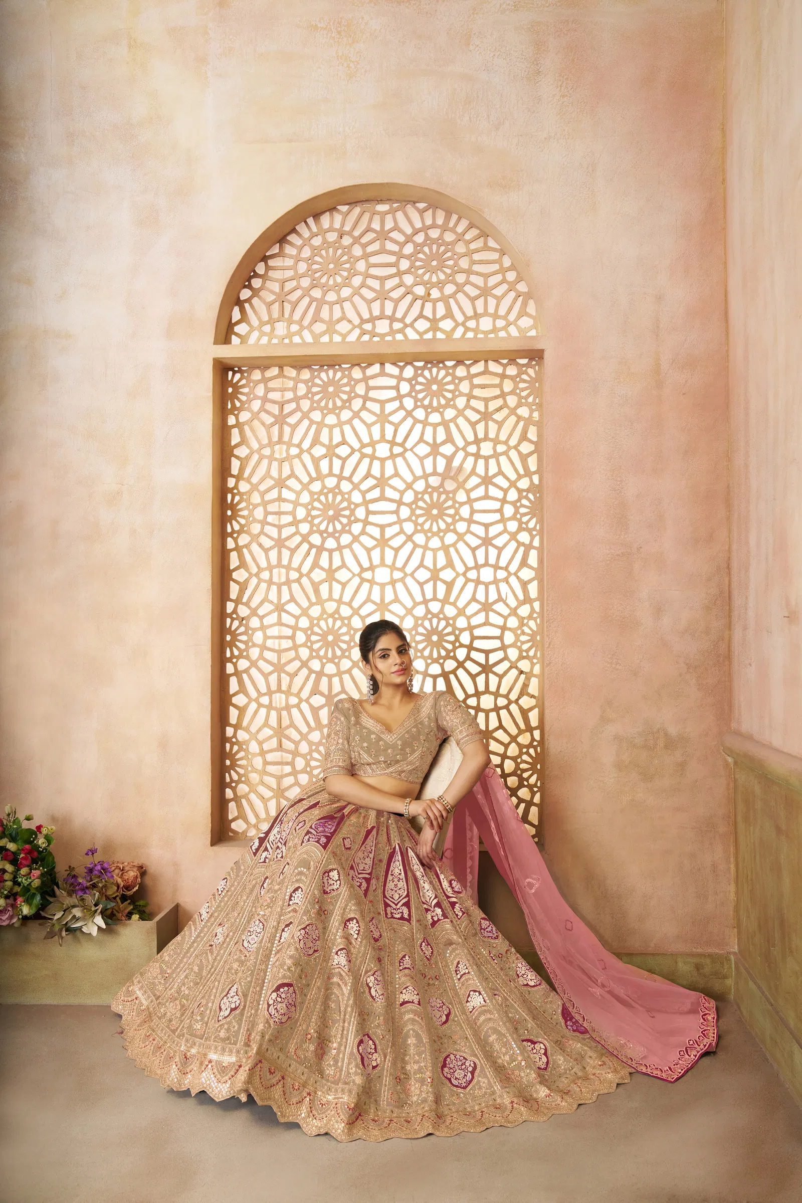 Kf 31 Chiku Banarasi Silk Embroidered Lahenga For Wedding Bulk Orders In India
